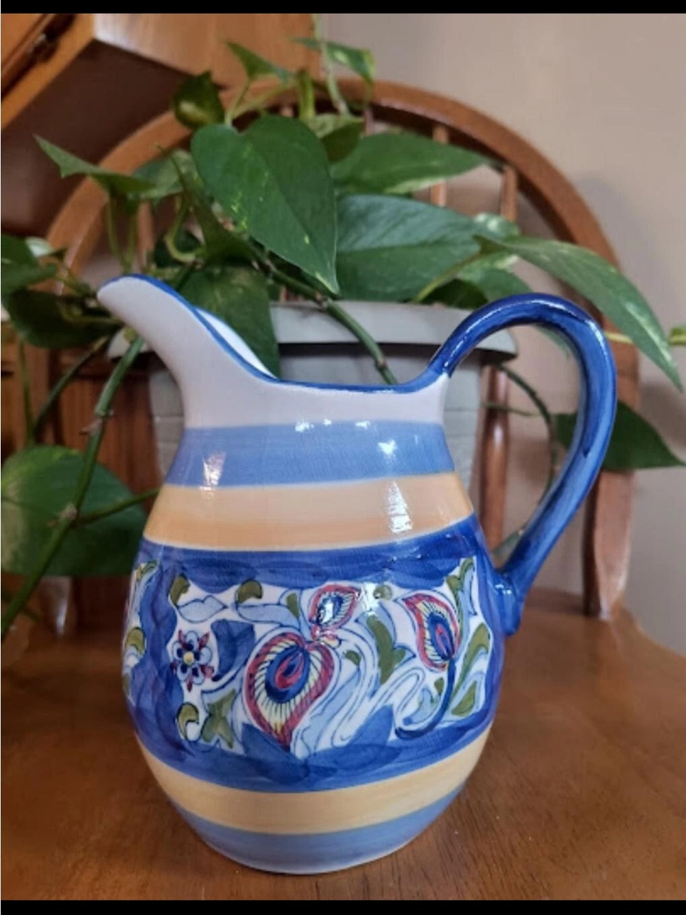 Source Unknown Blue and Cream Striped Floral Ceramic Pitcher